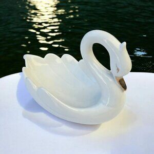 New Lrg White Gold MCM Swan Porcelain Dish Figurine Trinket Fruit Storage Dish